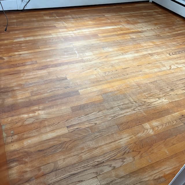 Golden oak floor — dull and worn before recoat
