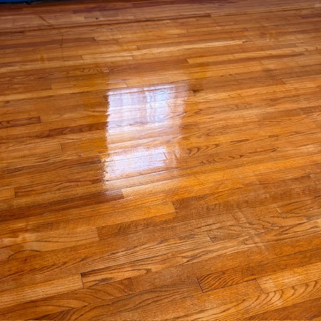 Golden oak hardwood — gleaming after refinish